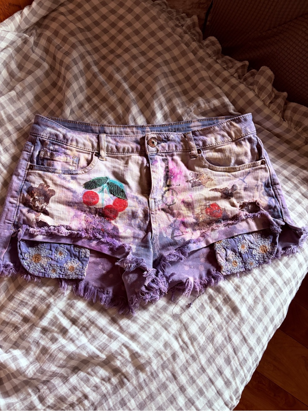Vanilla Star Lavender Cherry Print Distressed Jean Shorts
